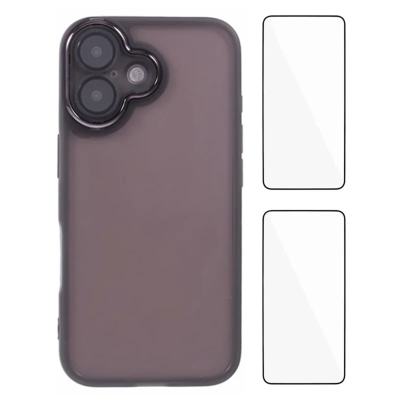 WANLONFENG DKSM2 Series For iPhone 16 Plus Case TPU Clear Phone Cover with 2Pcs Screen Film / Electroplated Lens Frame - Transparent Black