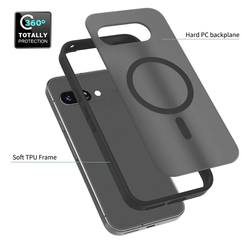 For Google Pixel 9a Magnetic Case TPU Frame Acrylic Back Phone Cover Skin Touch - Black