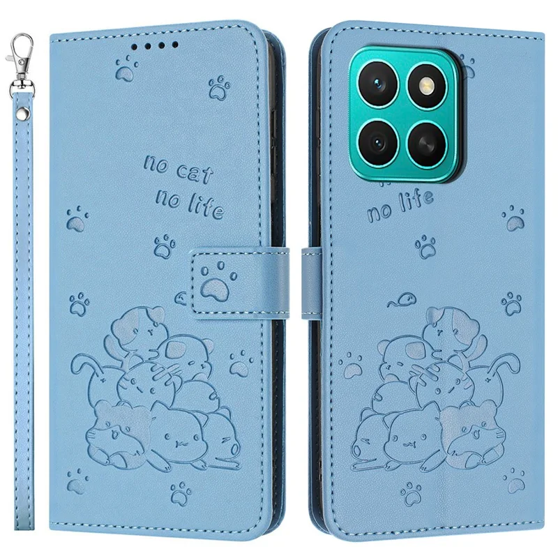 For Honor X8c 4G Wallet Case Cats Imprint Leather Phone Cover with Strap - Blue