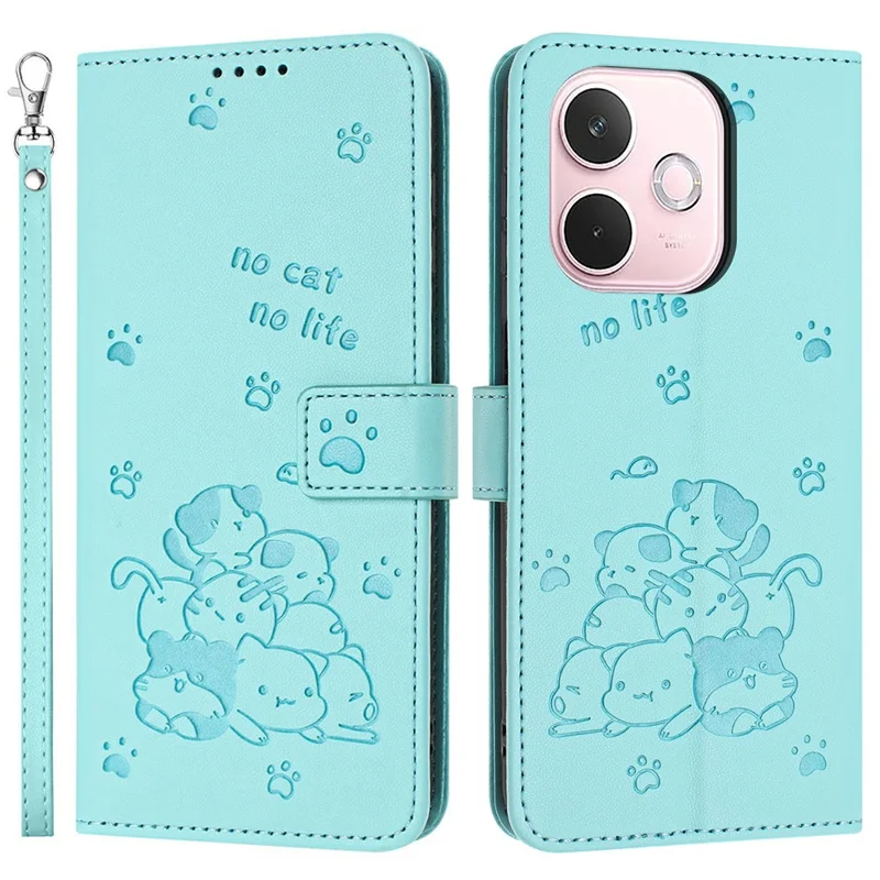 For Oppo A5 Pro 4G (Global) / 5G (Global) / A5 Energy 5G (China) Wallet Case Cats Imprint Leather Phone Cover with Strap - Green