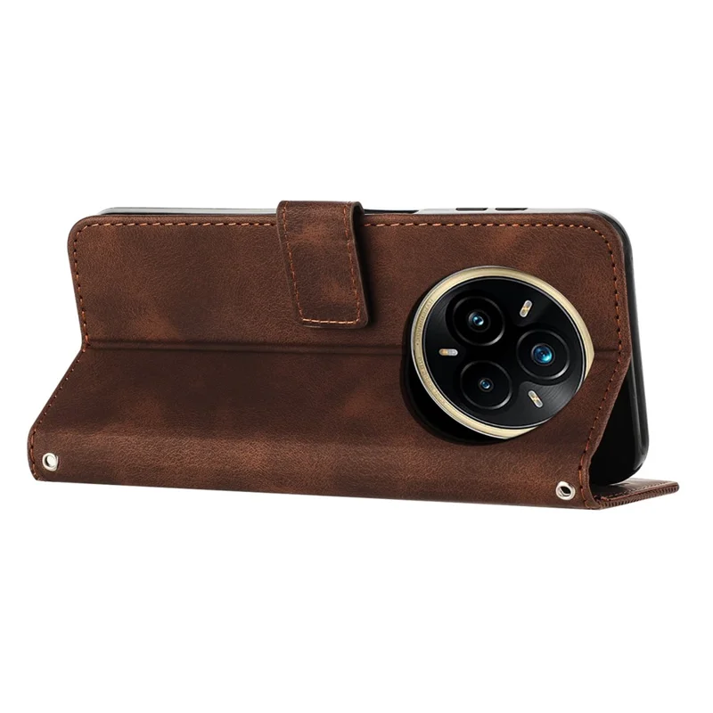 For Realme 14 Pro+ 5G Case Handbag Imprinted Triangle Leather Phone Cover - Brown
