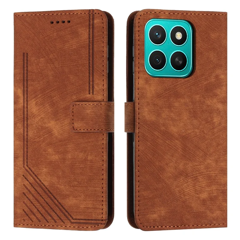 For Honor X8c 4G Case Imprinted Lines Leather Phone Cover with Stand - Brown