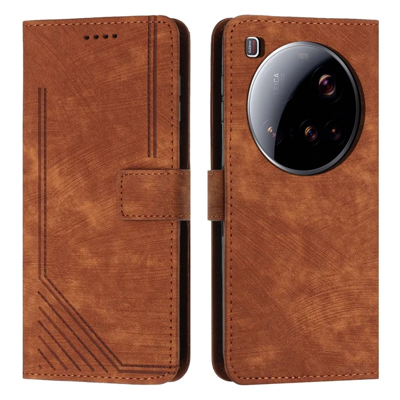 For Xiaomi 15 Ultra Case Imprinted Lines Leather Phone Cover with Stand - Brown