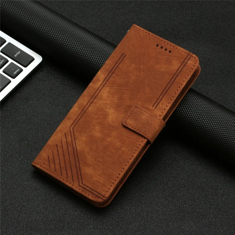 For Xiaomi 15 Ultra Case Imprinted Lines Leather Phone Cover with Stand - Brown