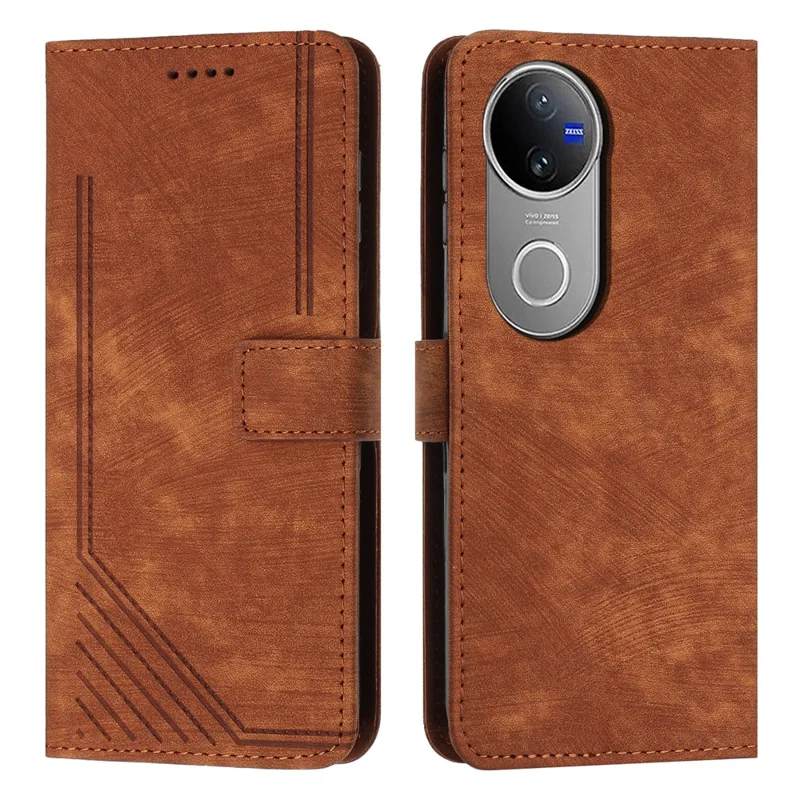 For vivo V50 5G Case Imprinted Lines Leather Phone Cover with Stand - Brown