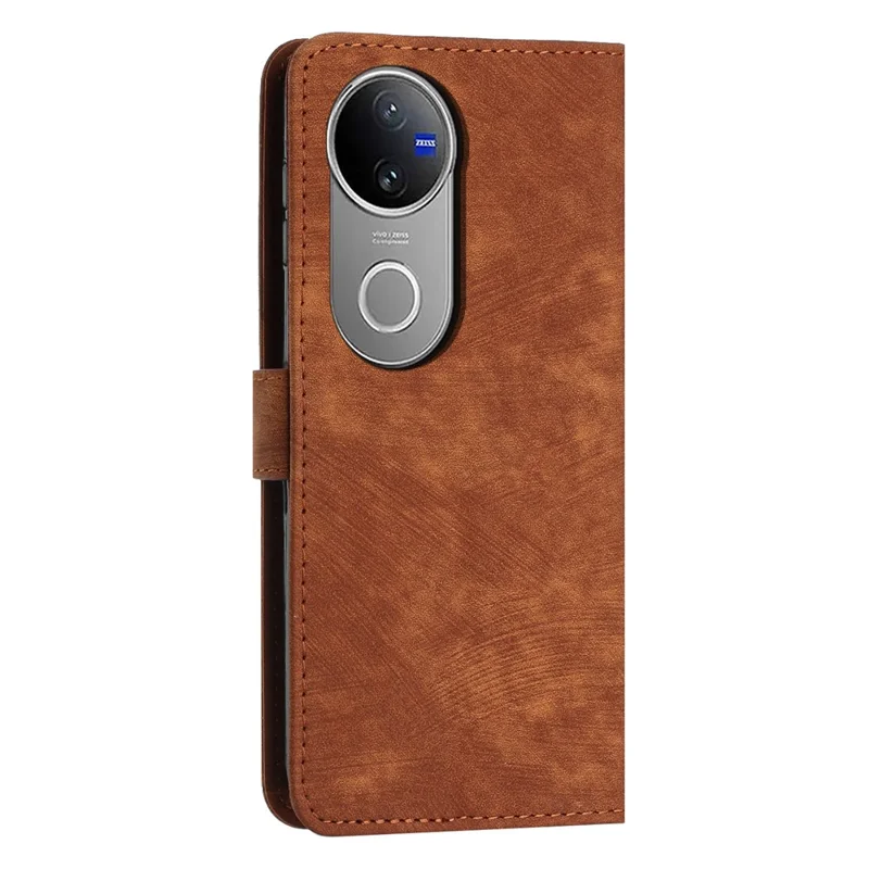For vivo V50 5G Case Imprinted Lines Leather Phone Cover with Stand - Brown