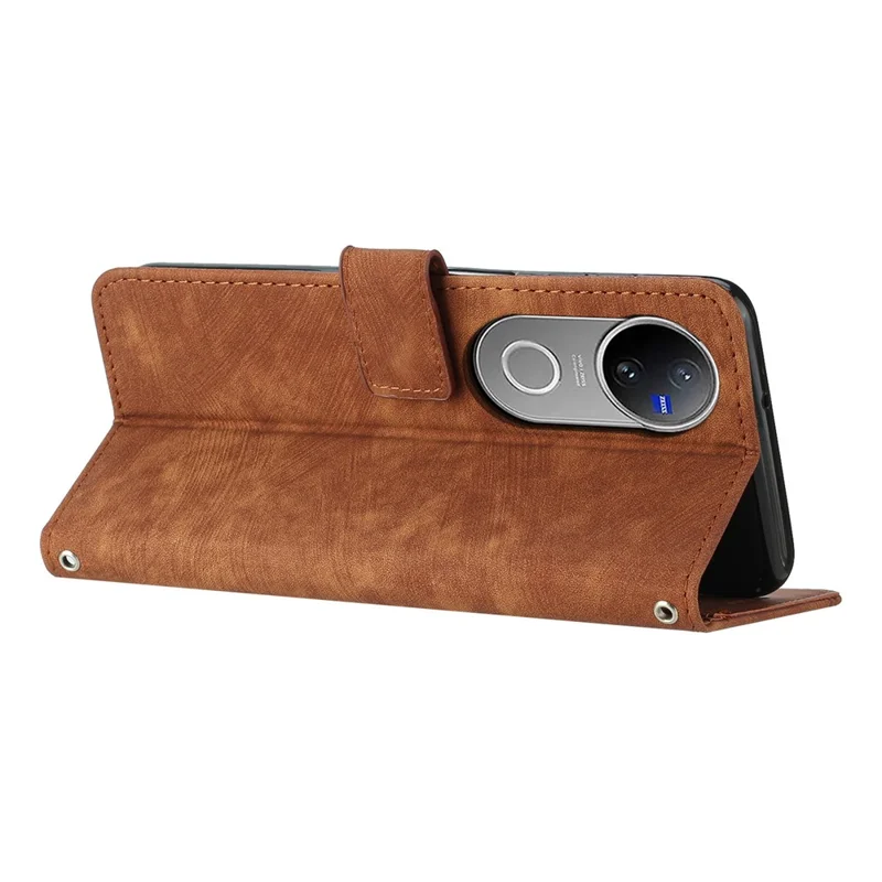 For vivo V50 5G Case Imprinted Lines Leather Phone Cover with Stand - Brown