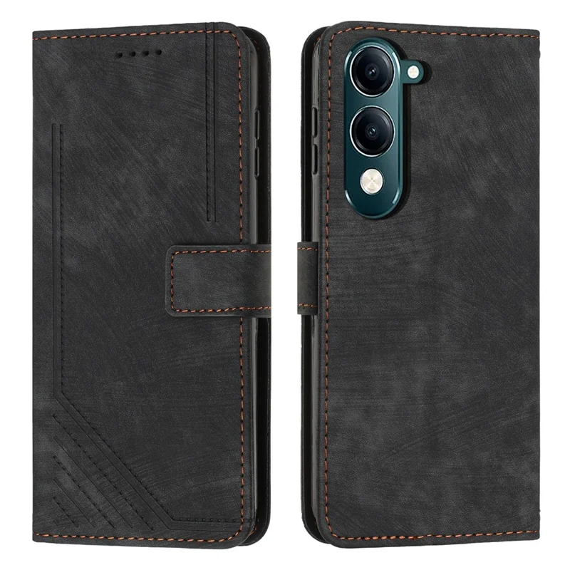 For vivo Y29s 5G Case Imprinted Lines Leather Phone Cover with Stand - Black