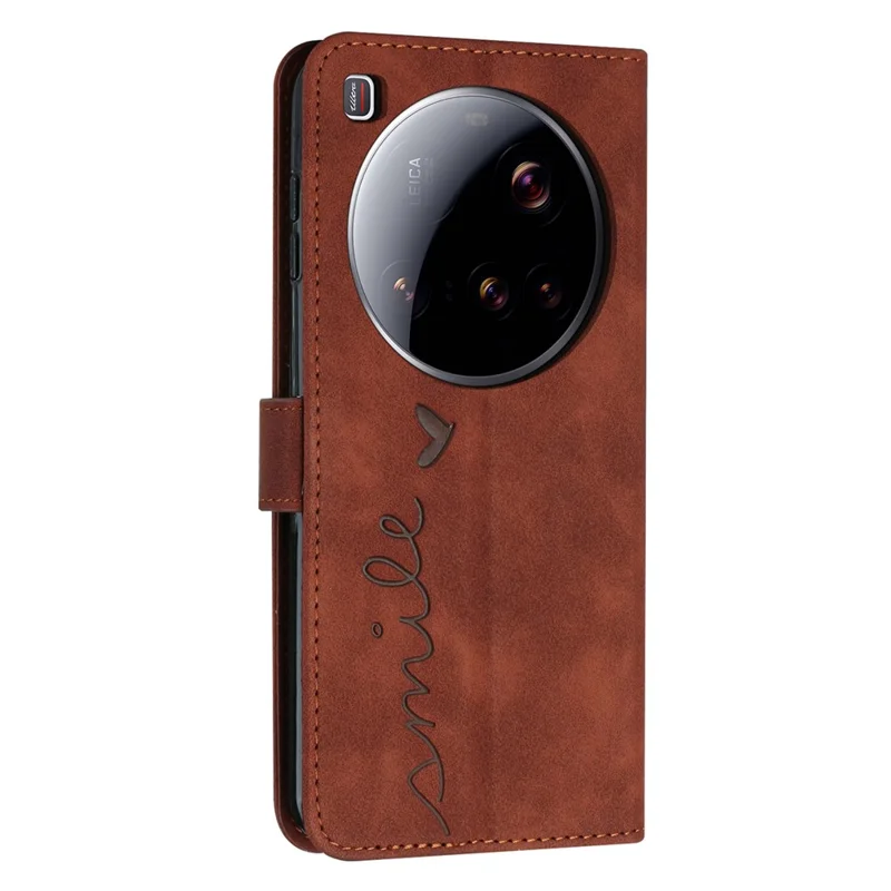 For Xiaomi 15 Ultra Case Viewing Stand PU Leather Phone Cover Imprinted Heart Pattern - Brown