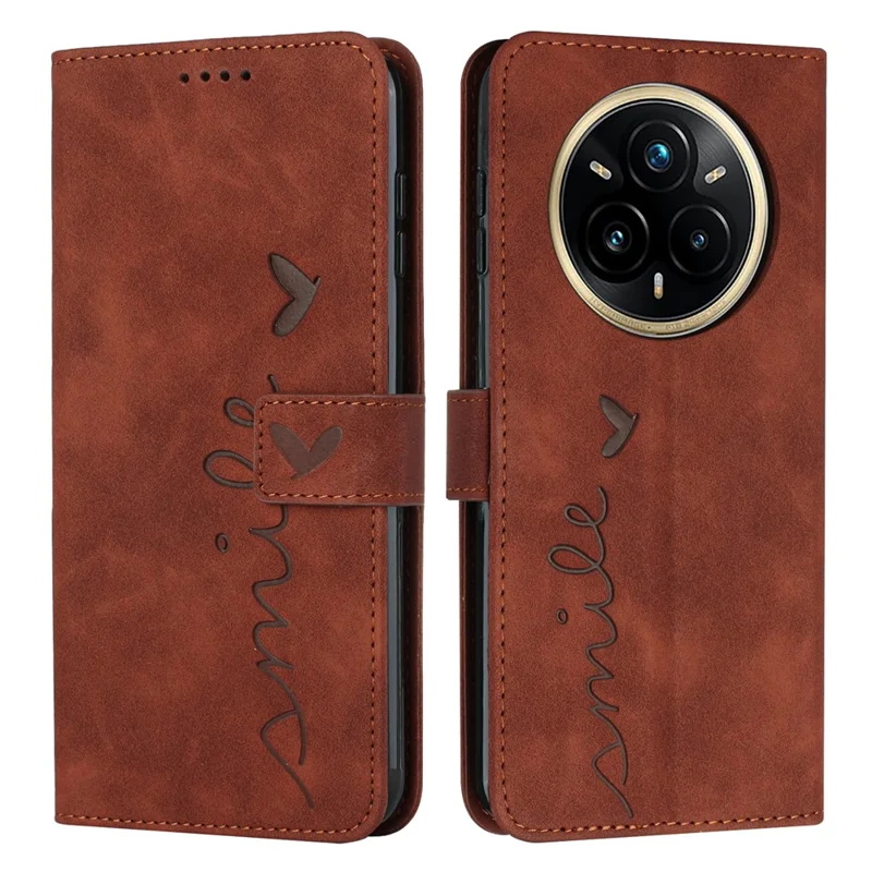 Voor Realme 14 Pro 5G hoesje met kijkstand PU lederen telefoonhoes met ingeprint hartmotief - Bruin
