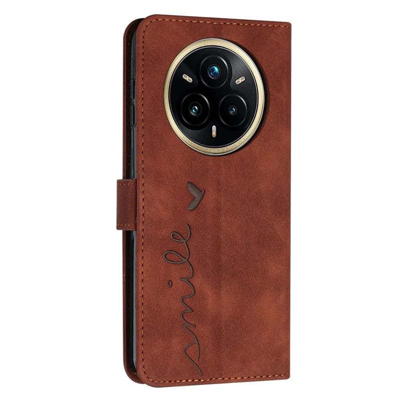 Voor Realme 14 Pro 5G hoesje met kijkstand PU lederen telefoonhoes met ingeprint hartmotief - Bruin