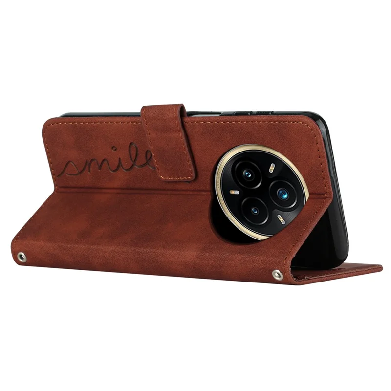 Voor Realme 14 Pro 5G hoesje met kijkstand PU lederen telefoonhoes met ingeprint hartmotief - Bruin