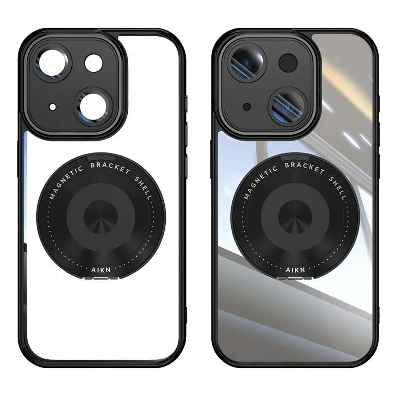 For iPhone 15 Magnetic Case PC + TPU Phone Cover with Rotating Metal Kickstand, Lens Protector - Black