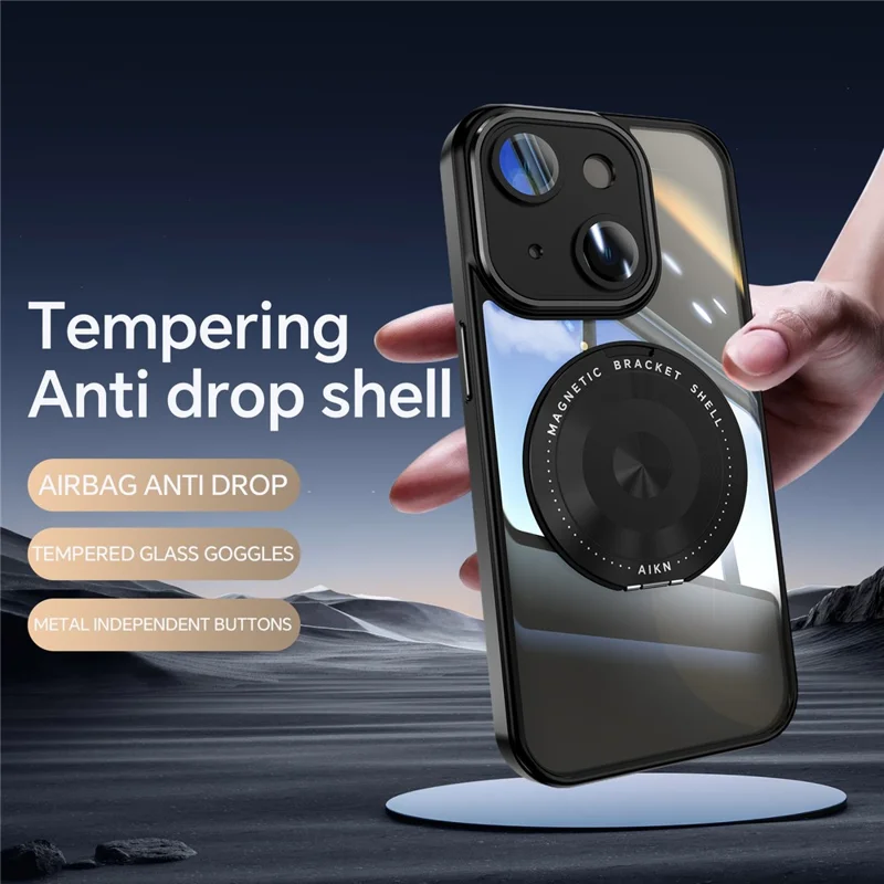 For iPhone 15 Magnetic Case PC + TPU Phone Cover with Rotating Metal Kickstand, Lens Protector - Black