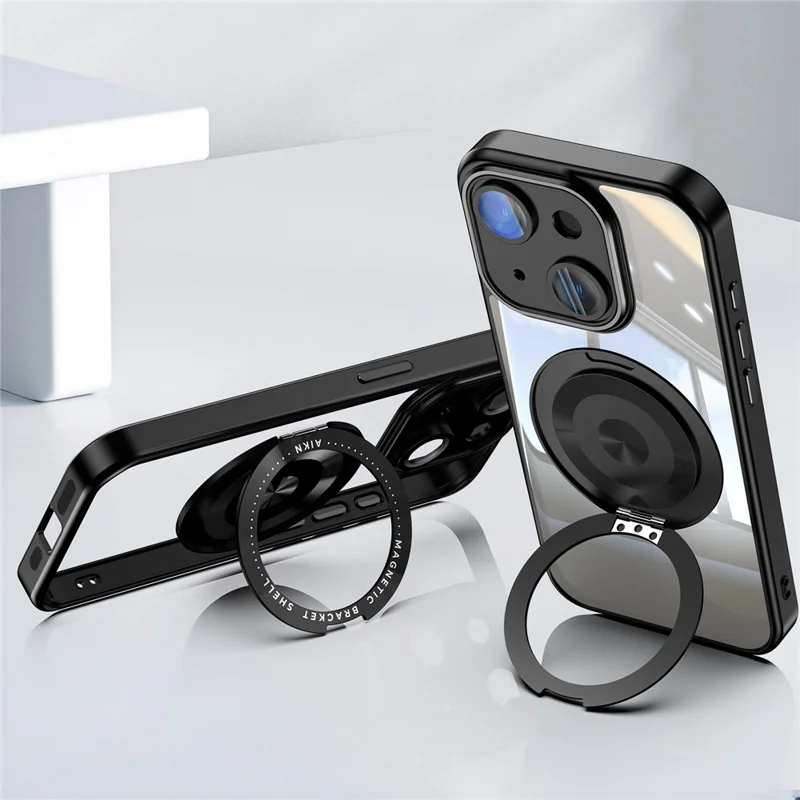 For iPhone 15 Magnetic Case PC + TPU Phone Cover with Rotating Metal Kickstand, Lens Protector - Black