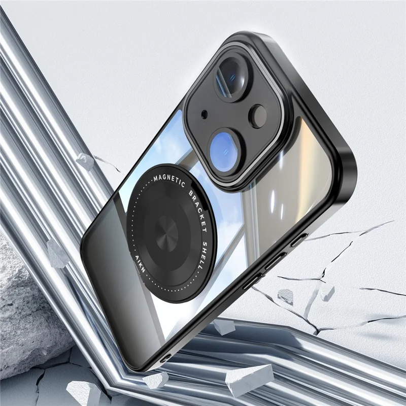 For iPhone 15 Magnetic Case PC + TPU Phone Cover with Rotating Metal Kickstand, Lens Protector - Black