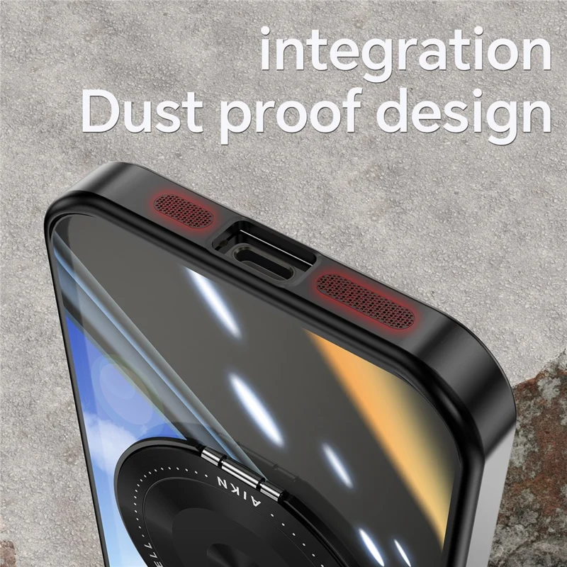 For iPhone 15 Magnetic Case PC + TPU Phone Cover with Rotating Metal Kickstand, Lens Protector - Black