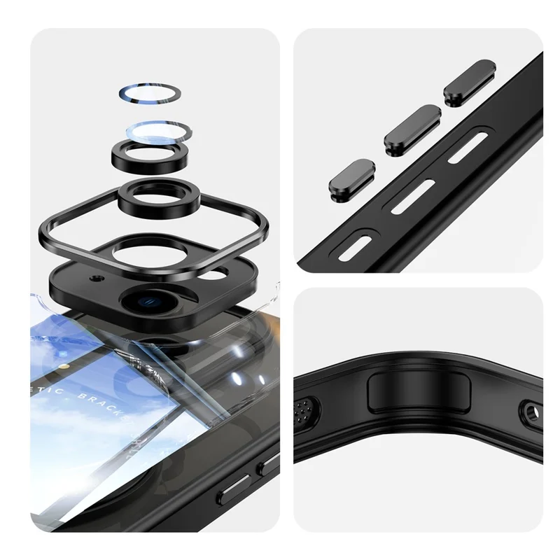 For iPhone 15 Magnetic Case PC + TPU Phone Cover with Rotating Metal Kickstand, Lens Protector - Black