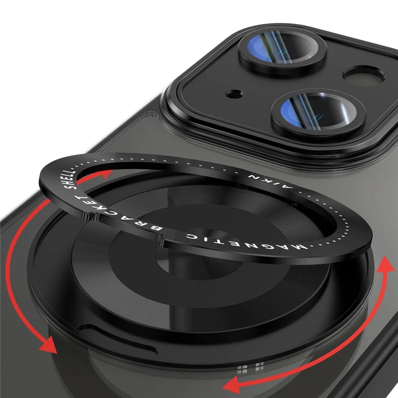 For iPhone 15 Magnetic Case PC + TPU Phone Cover with Rotating Metal Kickstand, Lens Protector - Black