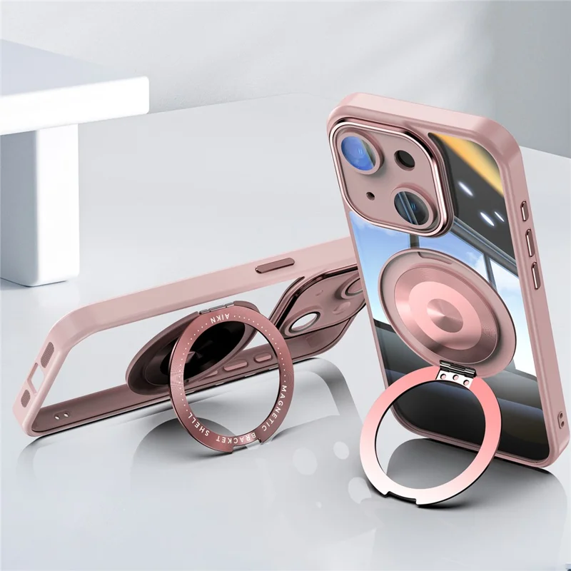 Capa Magnética para iPhone 14 PC + TPU com Suporte Metálico Giratório, Protetor de Lente - Rosa