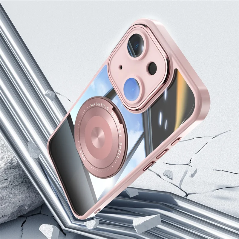 Capa Magnética para iPhone 14 PC + TPU com Suporte Metálico Giratório, Protetor de Lente - Rosa
