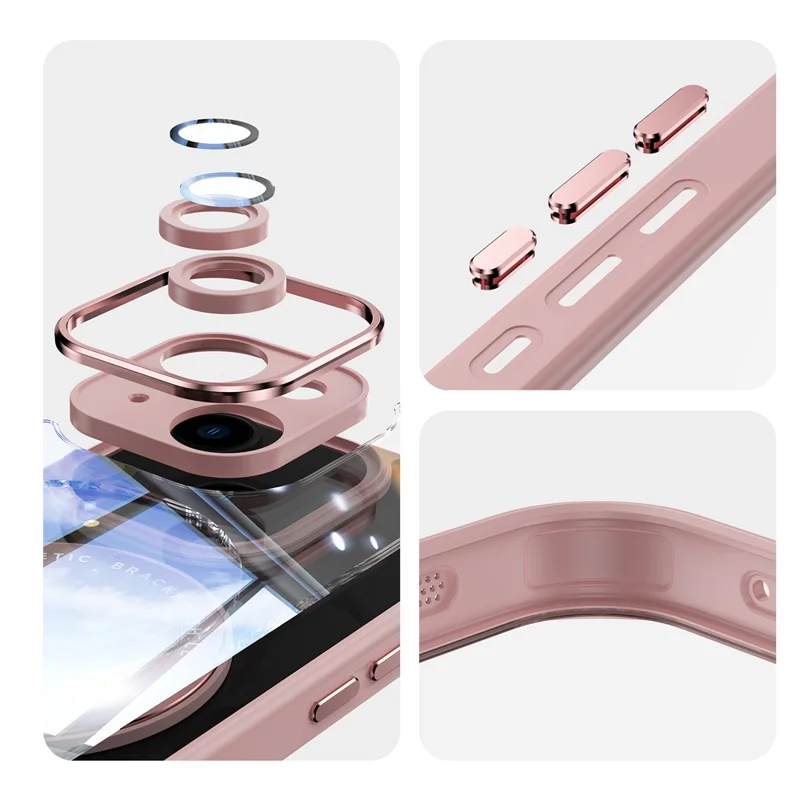 Capa Magnética para iPhone 14 PC + TPU com Suporte Metálico Giratório, Protetor de Lente - Rosa