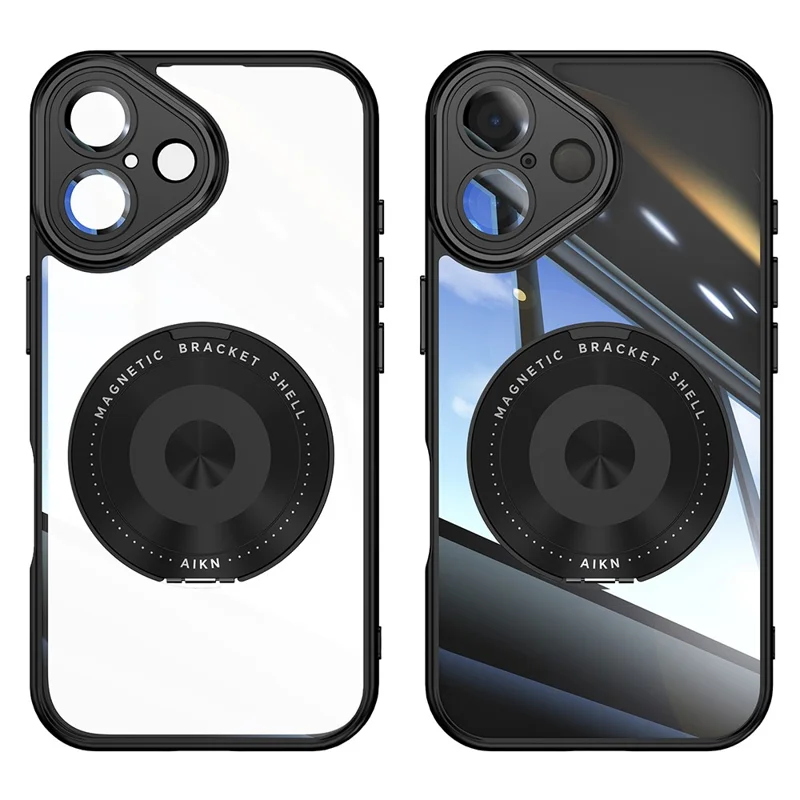 For iPhone 16 Magnetic Case PC + TPU Phone Cover with Rotating Metal Kickstand, Lens Protector - Black