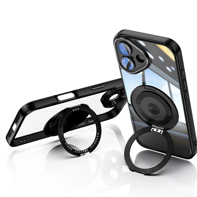 For iPhone 16 Magnetic Case PC + TPU Phone Cover with Rotating Metal Kickstand, Lens Protector - Black