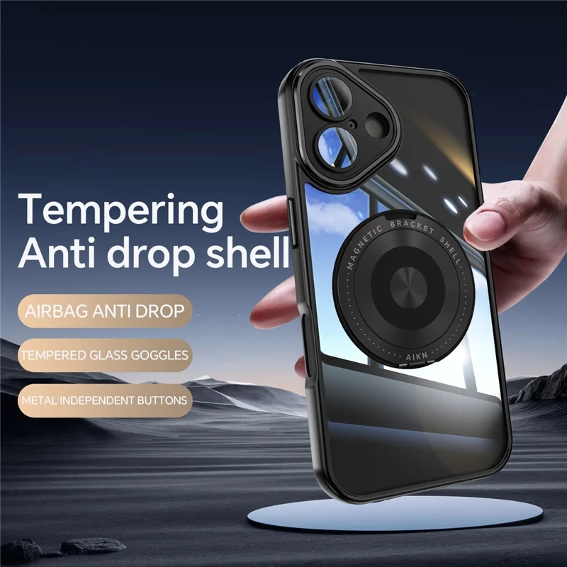 For iPhone 16 Magnetic Case PC + TPU Phone Cover with Rotating Metal Kickstand, Lens Protector - Black
