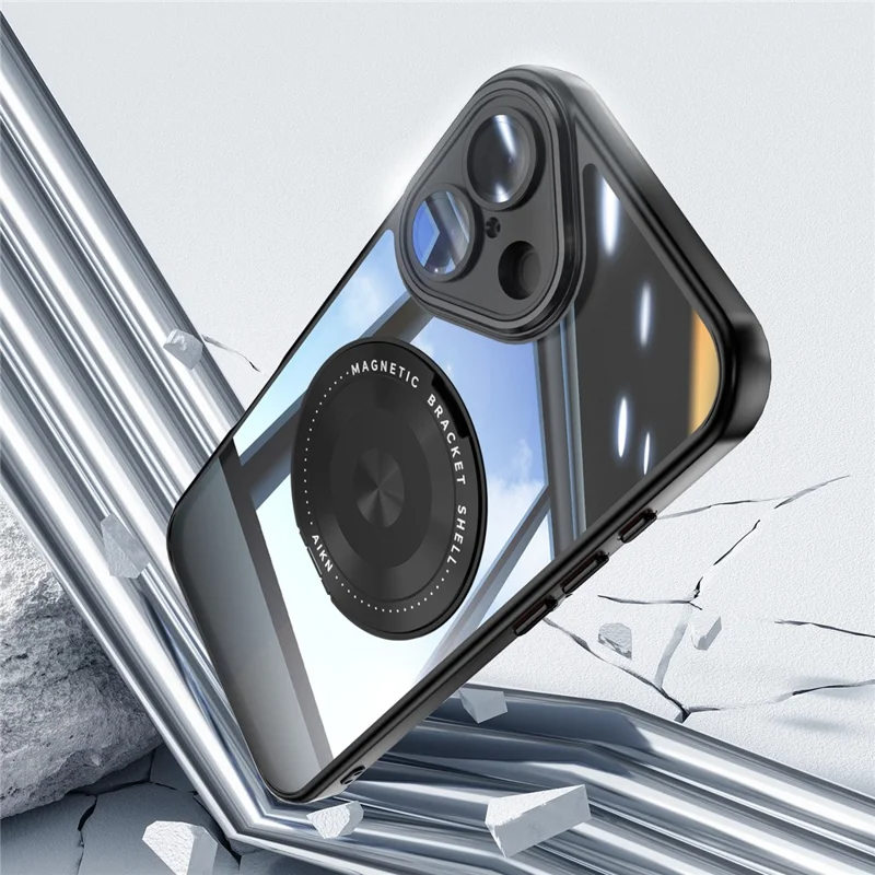 For iPhone 16 Magnetic Case PC + TPU Phone Cover with Rotating Metal Kickstand, Lens Protector - Black
