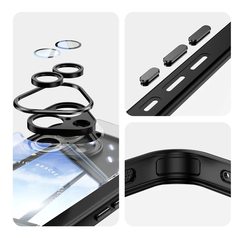 For iPhone 16 Magnetic Case PC + TPU Phone Cover with Rotating Metal Kickstand, Lens Protector - Black