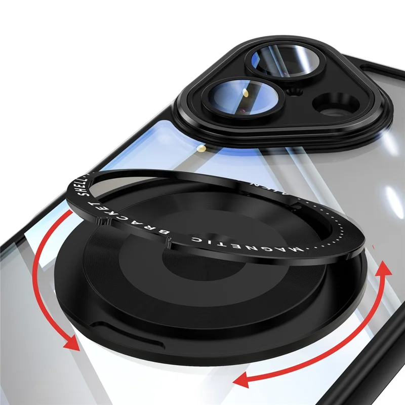 For iPhone 16 Magnetic Case PC + TPU Phone Cover with Rotating Metal Kickstand, Lens Protector - Black