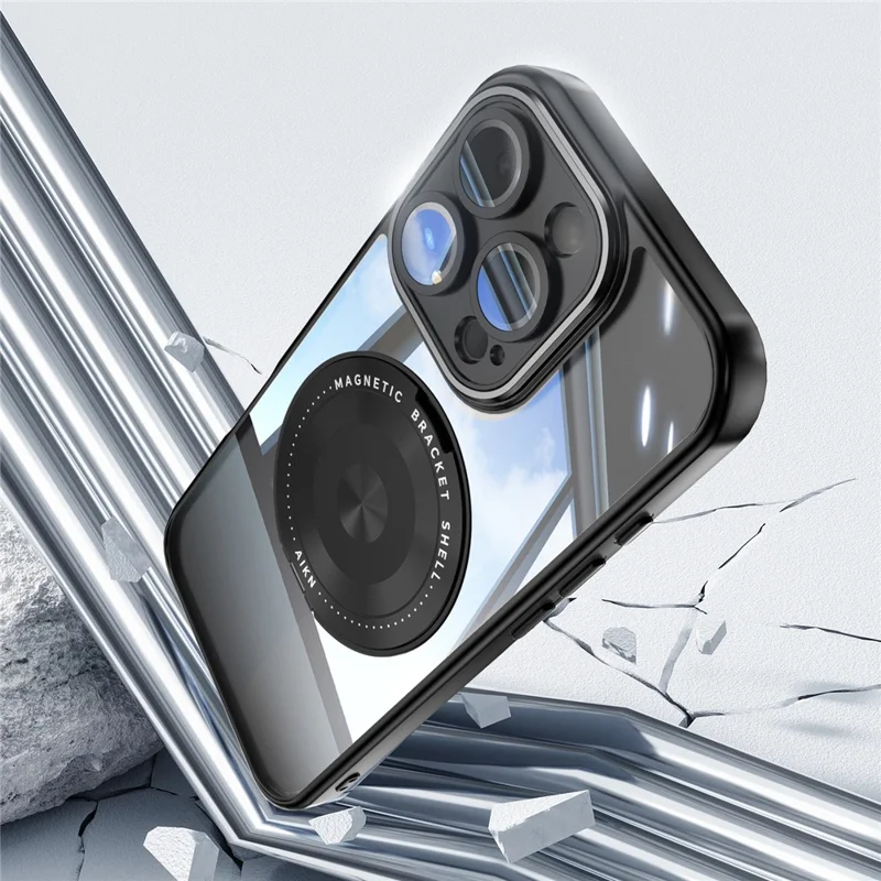 For iPhone 16 Pro Magnetic Case PC + TPU Phone Cover with Rotating Metal Kickstand, Lens Protector - Black