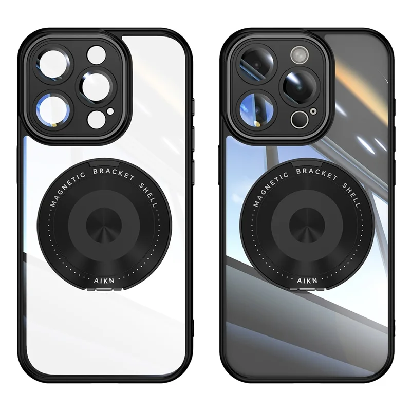 For iPhone 16 Pro Max Magnetic Case PC + TPU Phone Cover with Rotating Metal Kickstand, Lens Protector - Black
