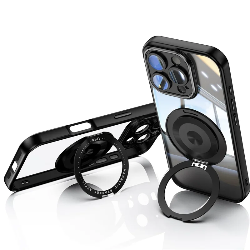 For iPhone 16 Pro Max Magnetic Case PC + TPU Phone Cover with Rotating Metal Kickstand, Lens Protector - Black