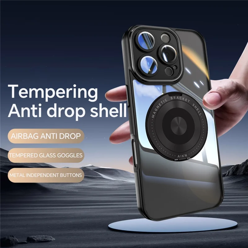 For iPhone 16 Pro Max Magnetic Case PC + TPU Phone Cover with Rotating Metal Kickstand, Lens Protector - Black
