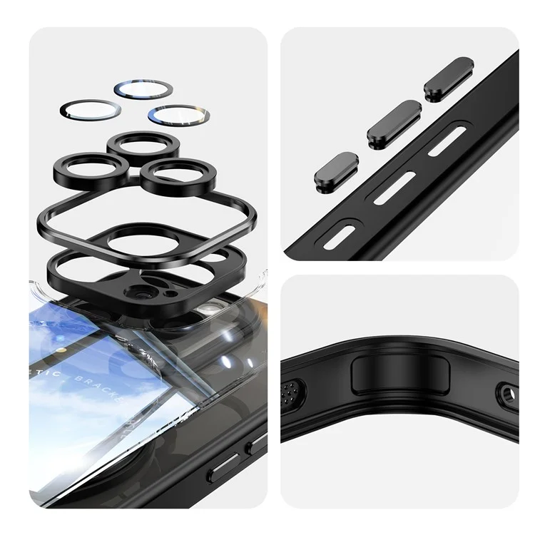 For iPhone 16 Pro Max Magnetic Case PC + TPU Phone Cover with Rotating Metal Kickstand, Lens Protector - Black