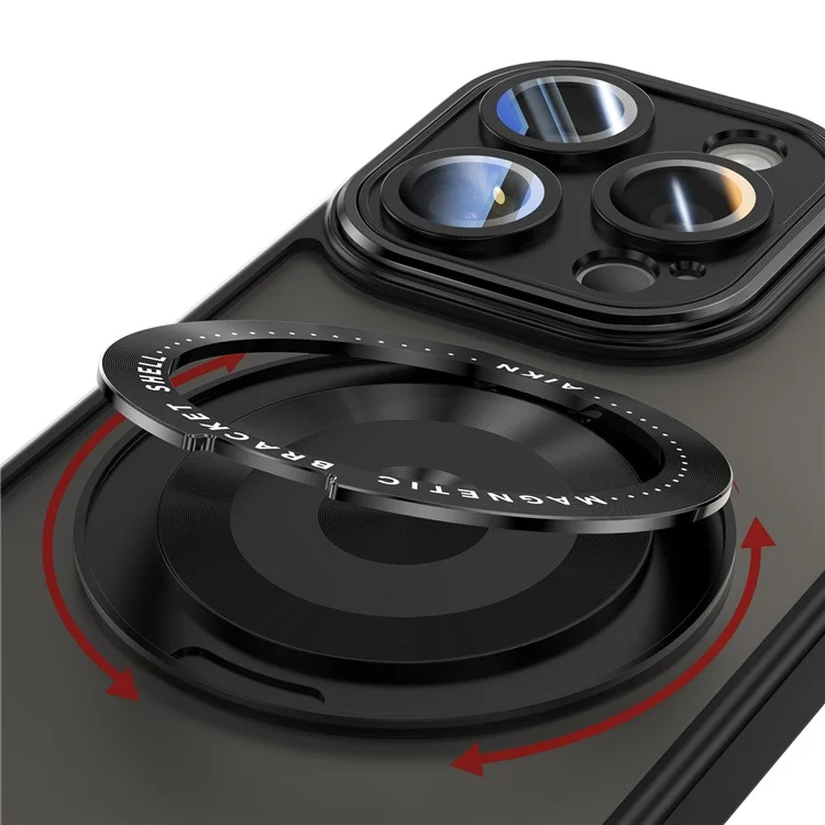 For iPhone 16 Pro Max Magnetic Case PC + TPU Phone Cover with Rotating Metal Kickstand, Lens Protector - Black