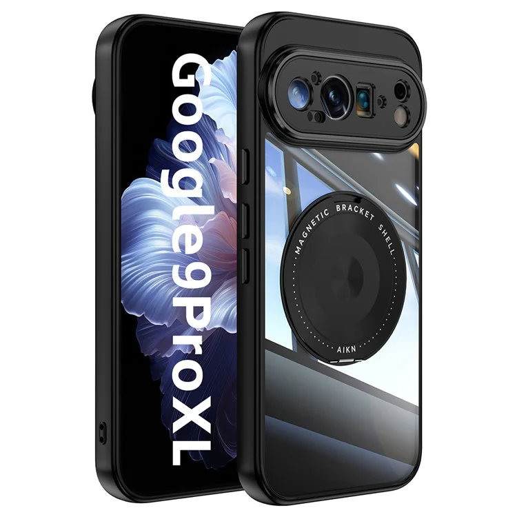 For Google Pixel 9 Pro XL Magnetic Case PC + TPU Phone Cover with Rotating Metal Kickstand, Lens Protector - Black