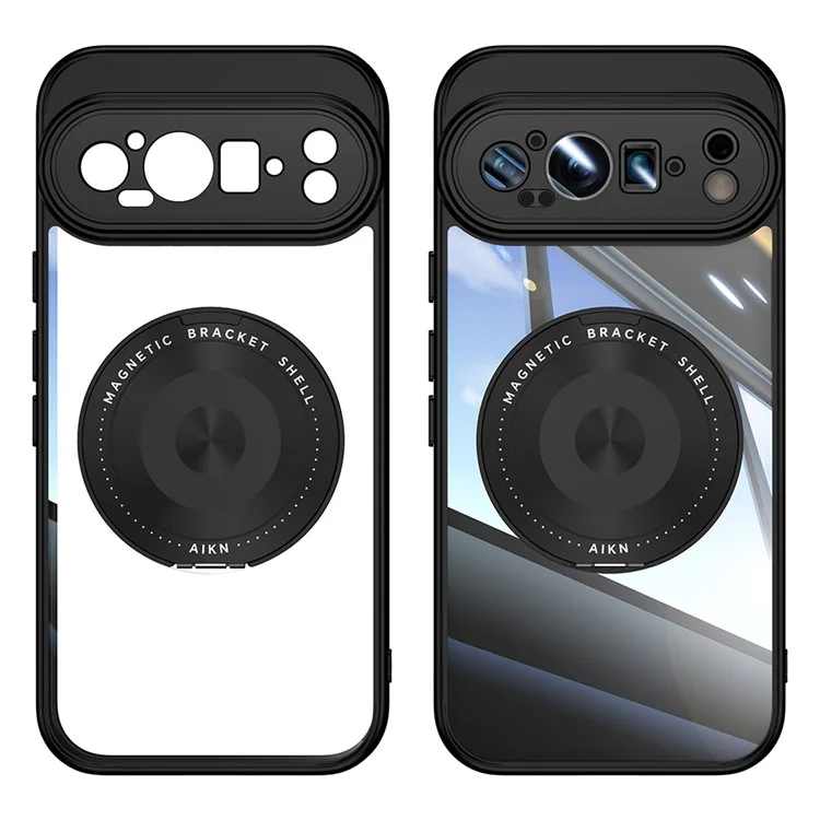 For Google Pixel 9 Pro XL Magnetic Case PC + TPU Phone Cover with Rotating Metal Kickstand, Lens Protector - Black