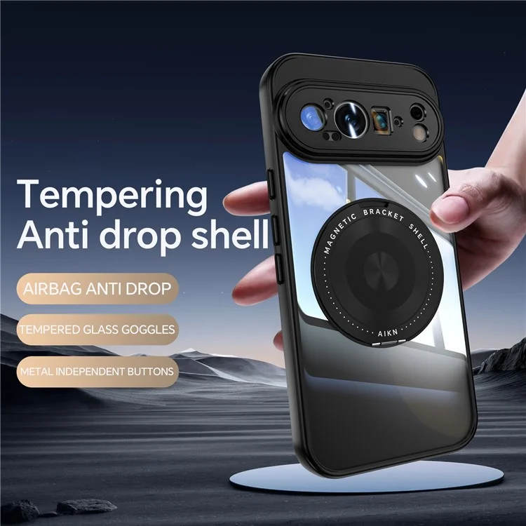 For Google Pixel 9 Pro XL Magnetic Case PC + TPU Phone Cover with Rotating Metal Kickstand, Lens Protector - Black