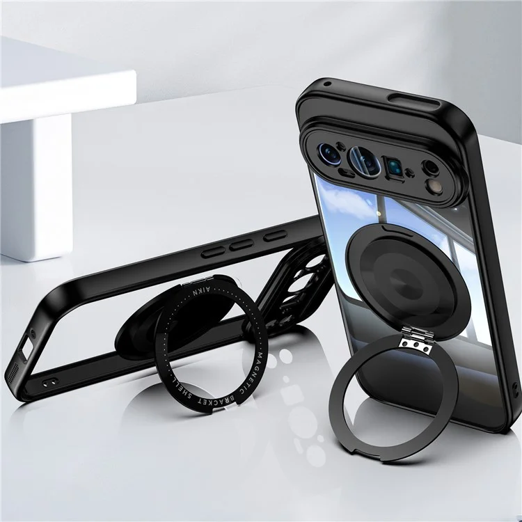 For Google Pixel 9 Pro XL Magnetic Case PC + TPU Phone Cover with Rotating Metal Kickstand, Lens Protector - Black