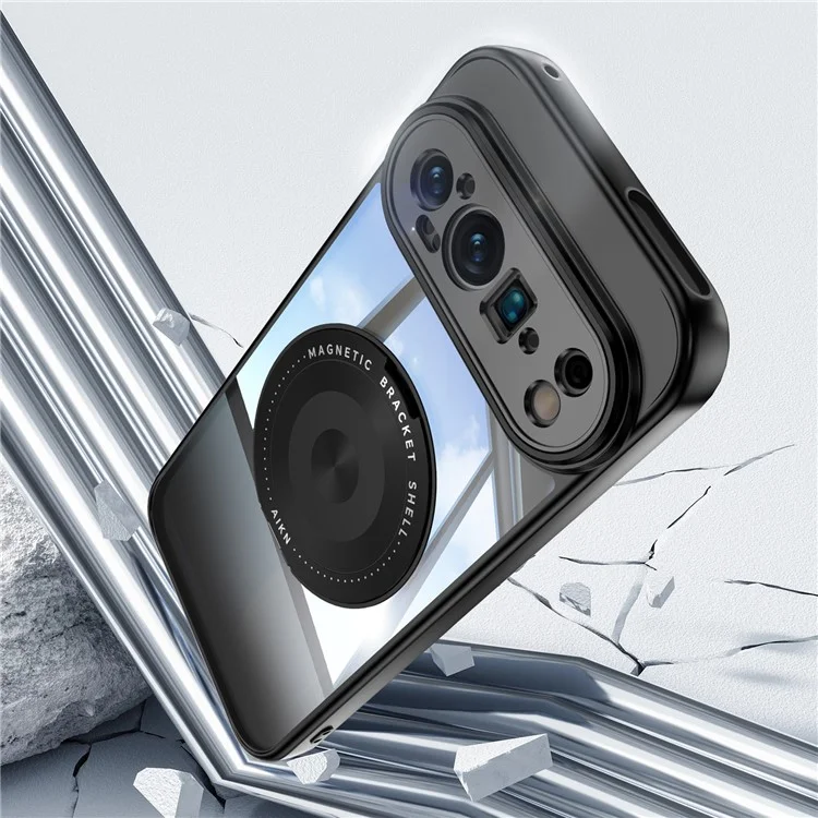For Google Pixel 9 Pro XL Magnetic Case PC + TPU Phone Cover with Rotating Metal Kickstand, Lens Protector - Black