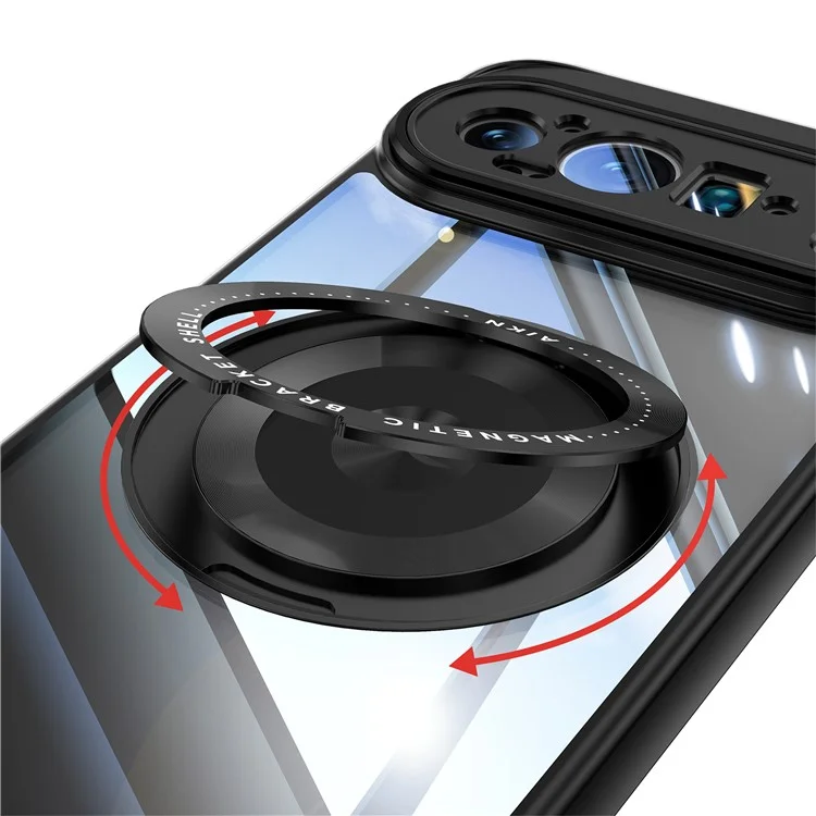For Google Pixel 9 Pro XL Magnetic Case PC + TPU Phone Cover with Rotating Metal Kickstand, Lens Protector - Black