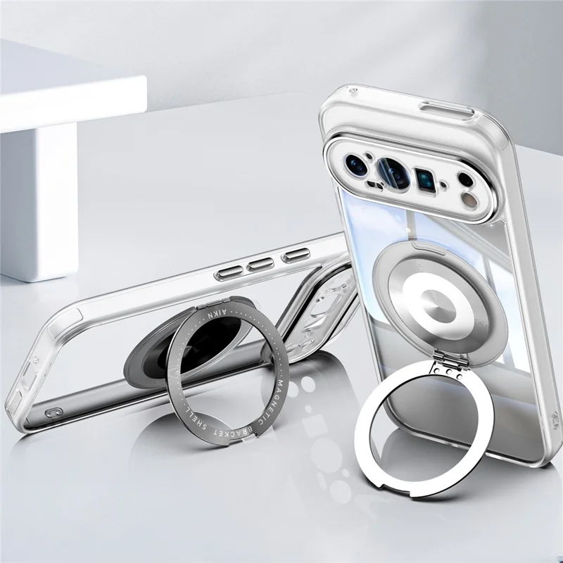 For Google Pixel 9 Pro XL Magnetic Case PC + TPU Phone Cover with Rotating Metal Kickstand, Lens Protector - Matte White