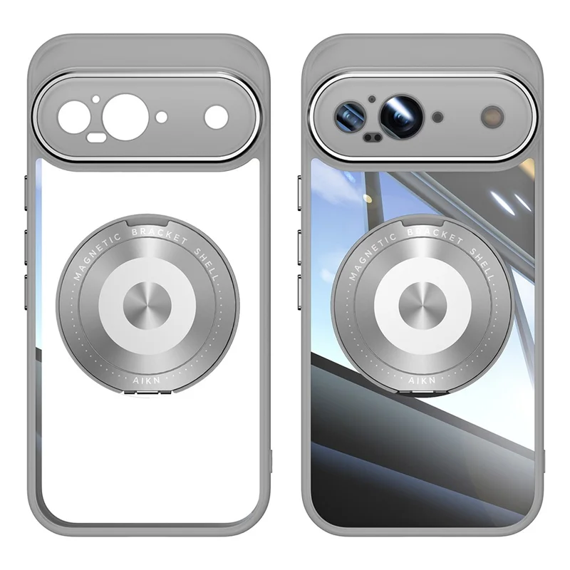 For Google Pixel 9 Magnetic Case PC + TPU Phone Cover with Rotating Metal Kickstand, Lens Protector - Titanium Grey