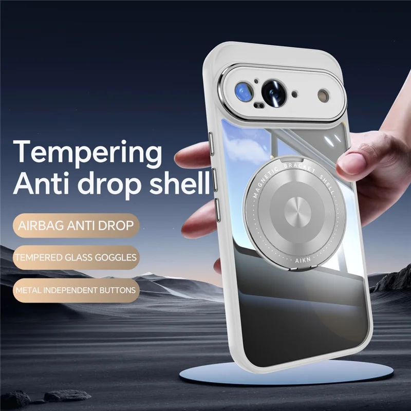 For Google Pixel 9 Magnetic Case PC + TPU Phone Cover with Rotating Metal Kickstand, Lens Protector - Titanium Grey