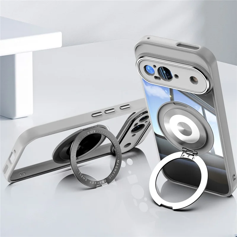 For Google Pixel 9 Magnetic Case PC + TPU Phone Cover with Rotating Metal Kickstand, Lens Protector - Titanium Grey