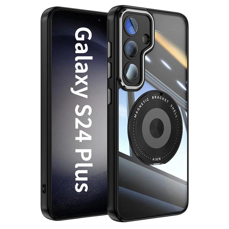 For Samsung Galaxy S24 Magnetic Case PC + TPU Phone Cover with Rotating Metal Kickstand, Lens Protector - Black