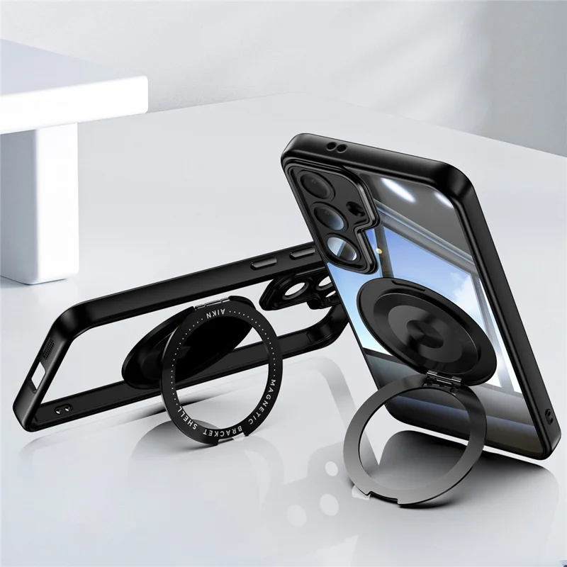 For Samsung Galaxy S24 Magnetic Case PC + TPU Phone Cover with Rotating Metal Kickstand, Lens Protector - Black
